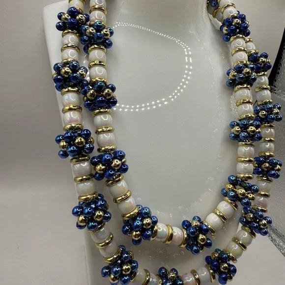 Beaded White Blue Gold Necklace Approximately 20 plus inches long Beautiful Look - Picture 2 of 6